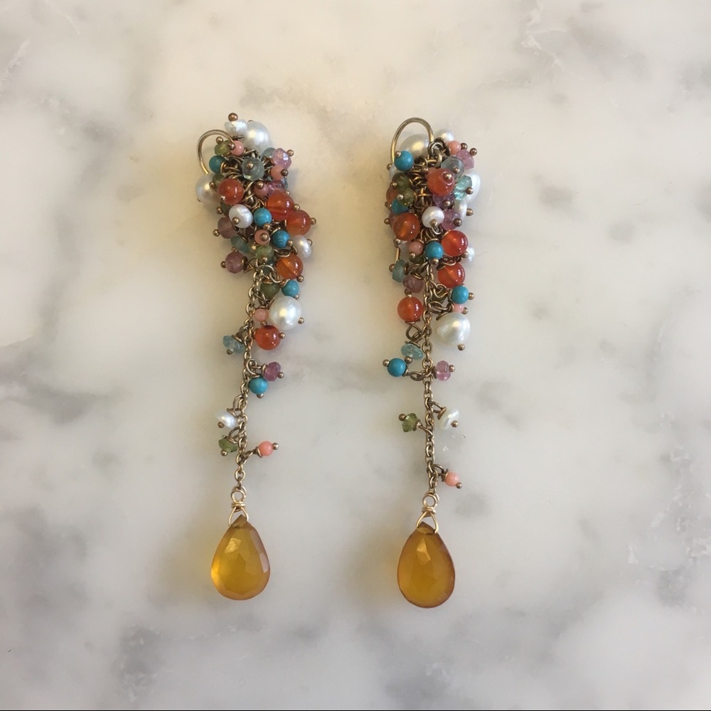 Long Custer Bead, Pearl, & Stone Drop Earrings